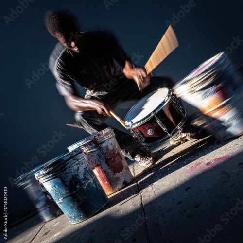 Street Drummer Performance: Dynamic Rhythm on Paint Buckets and Snare Drum