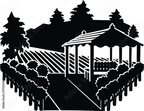 Vineyard Terrace Silhouette | Vineyard Landscape Vector Illustration