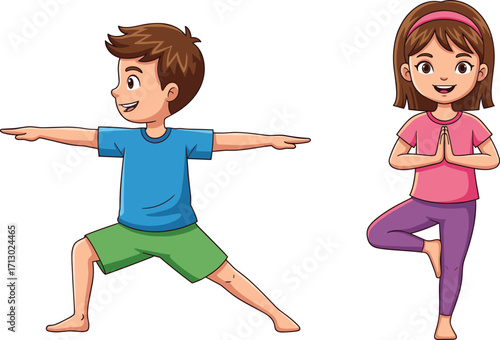 Boy and girl doing yoga poses, warrior and tree pose, cartoon children exercising, healthy lifestyle, mindfulness for kids, vector illustration