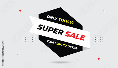 super sale today time limited web banner vector art illustration template design black white shapes light gray abstract background modern creative promotion special offer online marketing