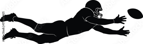 American Football Player Diving to Catch Ball, Black Silhouette Vector for Sports Action, Athleticism, and Game Moment Themes