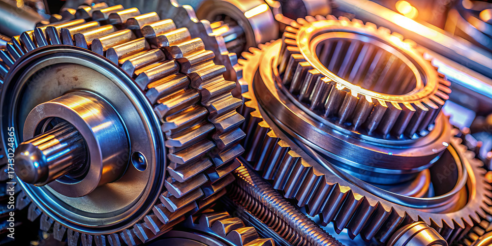 Fototapeta premium Metal gears are clustered together, showcasing intricate designs and various sizes. The lighting highlights their polished surfaces, emphasizing the machinery used in an industrial workshop