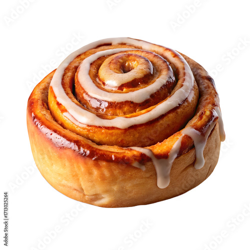 Close up of a single cinnamon roll with white icing drizzled on a black background