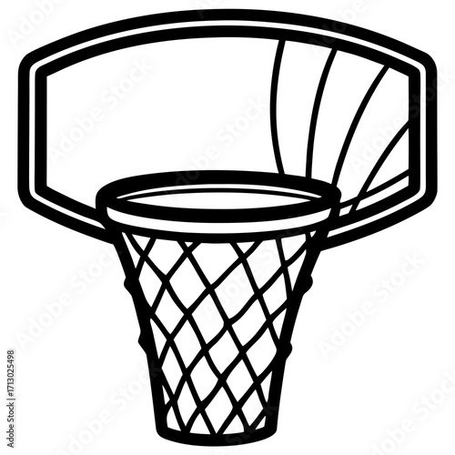 Black and white cartoon illustration of a basketball hoop with net and backboard sport game