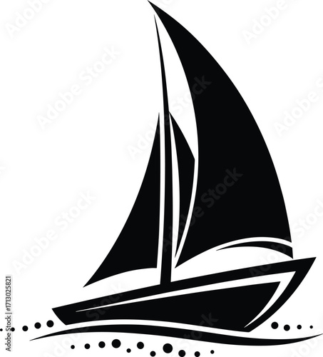 Minimalist sailboat vector with bold black sails and stylized wave dots, perfect for nautical design, travel, and adventure themes.