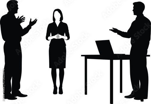Silhouette business meeting illustration with laptop, team discussion concept, professional collaboration, corporate communication, leadership and workplace strategy scene
