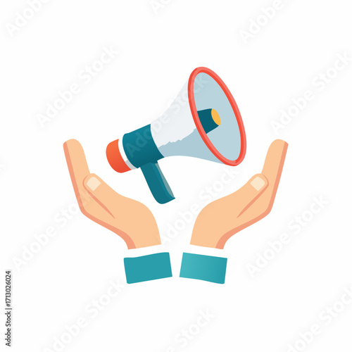 Illustration of hands holding a megaphone symbolizing communication and announcement