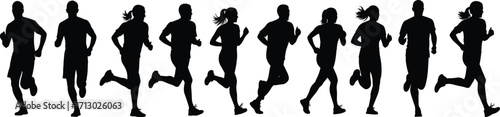 Silhouette runners in motion sequence, male and female jogging poses, athletic movement illustration for sports training, animation, and fitness design