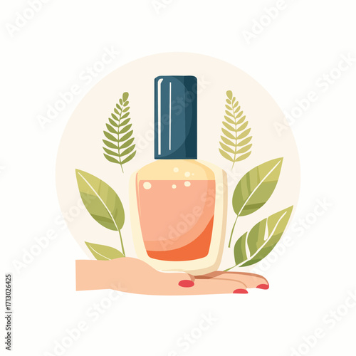 Illustration of Nail Polish Bottle Held by a Hand with Leafy Embellishments and a White Circle