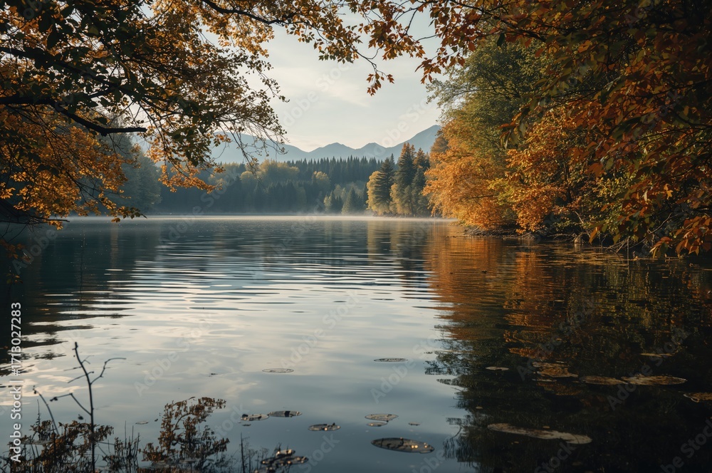 Obraz premium Tranquil water body surrounded by colorful leaves