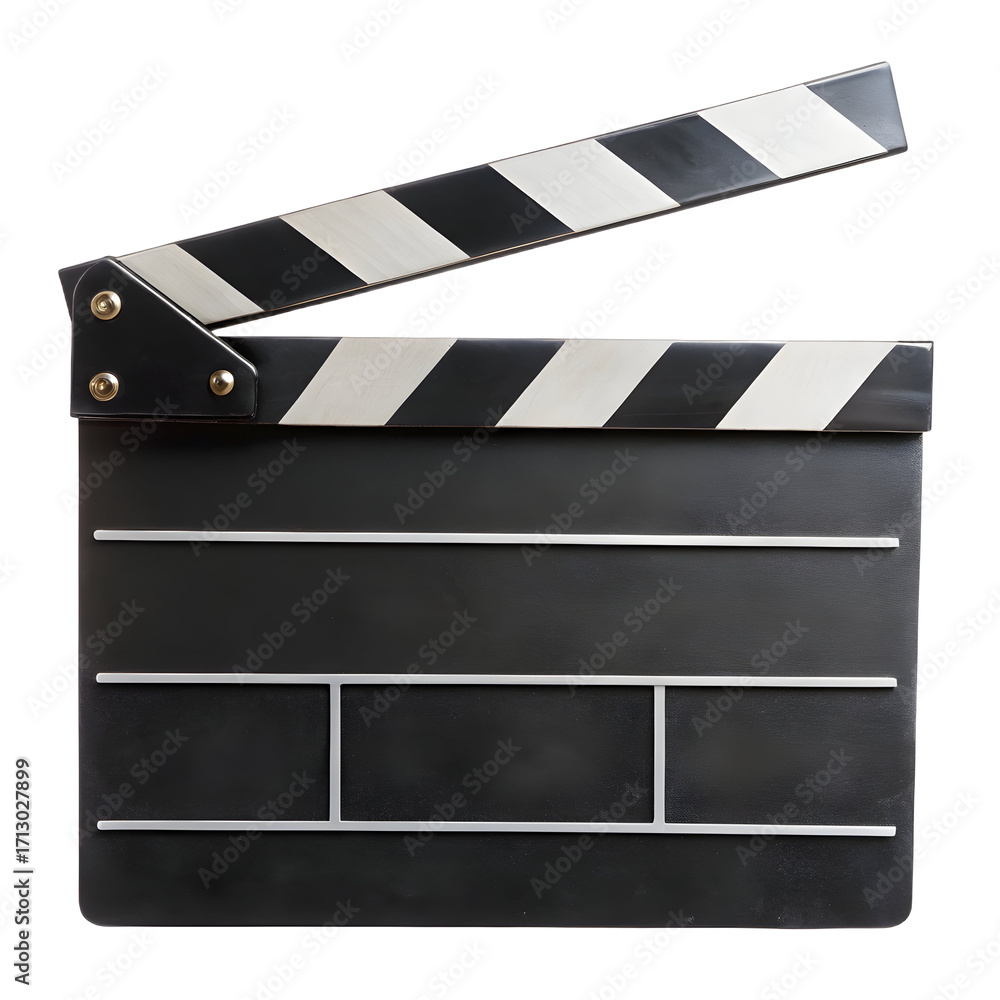 Fototapeta premium Open Black Movie Clapperboard with Silver and White Stripes on Black Background film