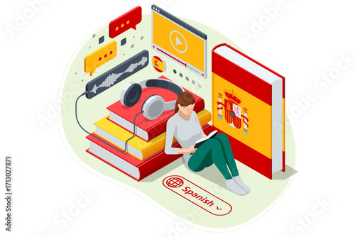 Spanish, Spain. Isometric person learning a foreign language with a virtual assistant on a tablet, showcasing modern digital education. Modern AI assistant for education, e-learning