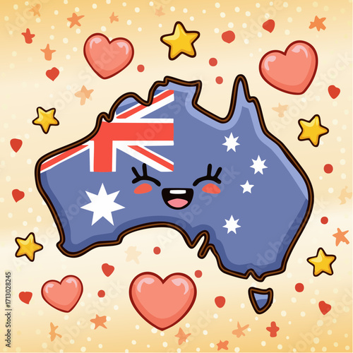 Charming Australia Map with Flag and Hearts, Cute Country Illustration for Travel and Lifestyle Themes