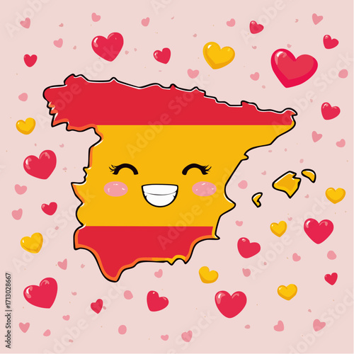 Love for Spain concept with a cute kawaii country map illustration featuring the national flag and hearts
