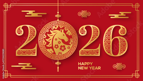 2026 Chinese New Year Typography, greeting card with gold emblem and asian clouds on red background. Circle logo emblem with Lunar Horse and Luck Knots. Paper cut traditional Japanese frame border