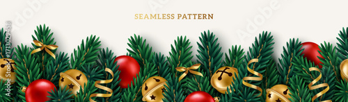 Merry Christmas fir tree branch garland, gold vintage jingle bells, red bauble, serpentine on white background. Vector illustration. Holiday party seamless border frame poster, voucher banner design