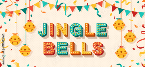 Jingle bells retro poster. 3d text logo, vintage font with light bulbs. Vector illustration. Merry Christmas phrase quote. Holiday concept, Xmas banner. Streamers, confetti and hanging flag garlands