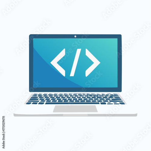 Illustrative representation of a laptop displaying coding symbols for software development and design