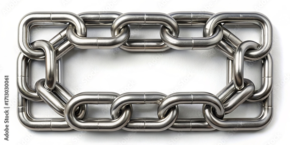 Fototapeta premium A long metallic chain made of durable links is displayed against a light background. This chain is ideal for construction or heavy-lifting tasks requiring strength