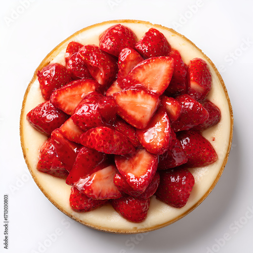 Cheesecake with fresh strawberries dessert top down isolated