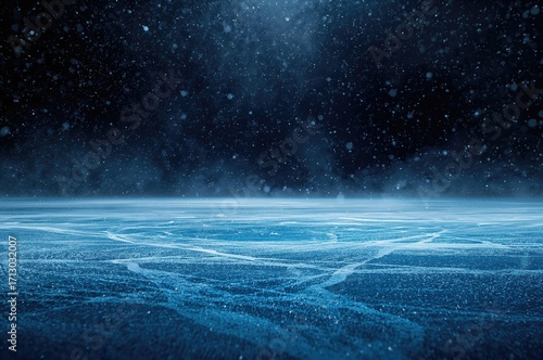 Frozen surface with misty winter ambiance and glowing abstract lights