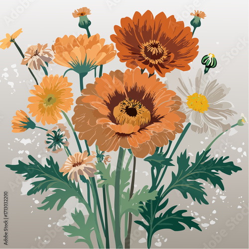 mixed floral bouquet graphite sketch with light apricot watercolor wash for charming still life art