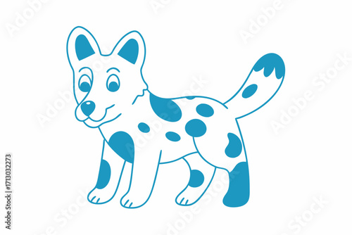 Cheerful canine cartoon character stands playfully with scattered turquoise spots and a friendly smile