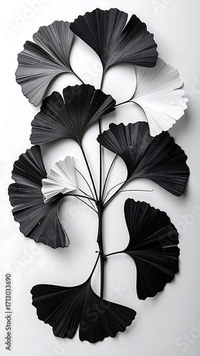 Black and white ginkgo leaves arranged on a stem