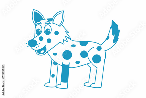 Cheerful cartoon spotted dog stands happily outlined in blue against a white backdrop