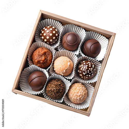 Nine Assorted Chocolate Truffles Arranged in a Wooden Box with White Paper Liners assortment