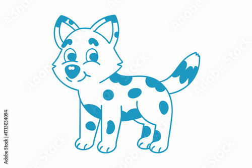 Cheerful cyan puppy with spots standing, smiling sweetly in a simple isolated style