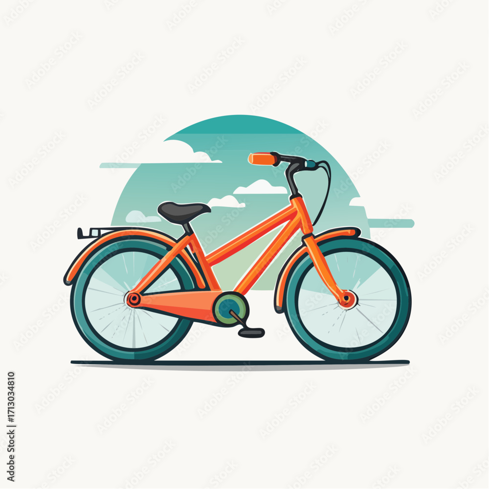 Fototapeta premium Stylized Illustration of an Orange Bicycle Depicted Against a Teal and Cloudy Backdrop