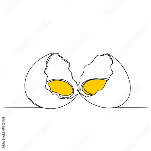 Minimalistic vector of Cracked eggshells with yellow yolk inside on white background