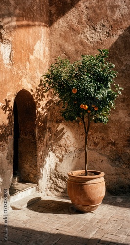 Sunny courtyard, terracotta pot, orange tree