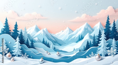Snowy winter landscape with mountains, pine trees, and holiday decorations under a pastel sky