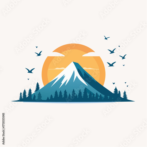 Stylized Mountain Landscape with Birds, Trees, and Sun: A Minimalist Vector Design