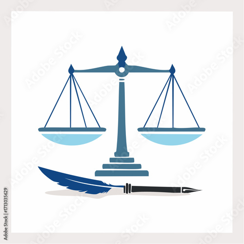 Symbolic depiction of justice, law, and legal proceedings featuring a balanced scale and quill pen