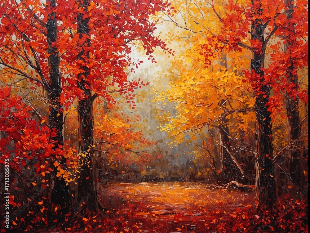 Fototapeta premium Experience the vibrant beauty of autumn in this stunning forest landscape painting with warm hues and textures 