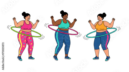 Vector Illustration of Plus Size Women Exercising with Hula Hoops, Body Positive Fitness Clipart

