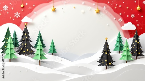 Colorful winter landscape with paper trees, snow, and festive decorations perfect for holiday greetings and seasonal celebrations