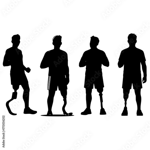Diverse athletes with prosthetics showcasing strength resilience and athletic achievement in dynamic poses