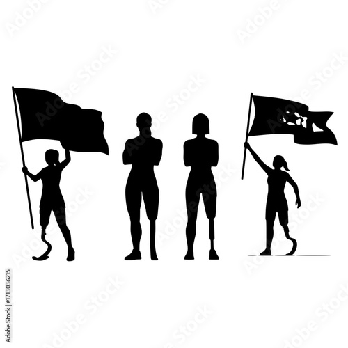 Confident women with prosthetic legs proudly hold flags symbolizing strength and advocacy for inclusion and empowerment