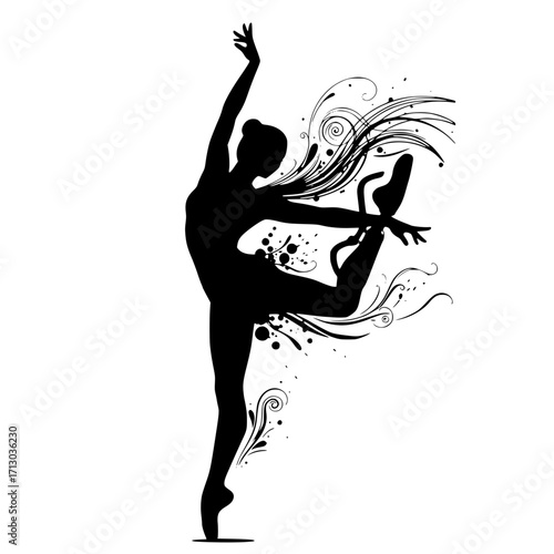 Graceful ballerina in dynamic pose with swirling artistic flourish embodying elegance and movement