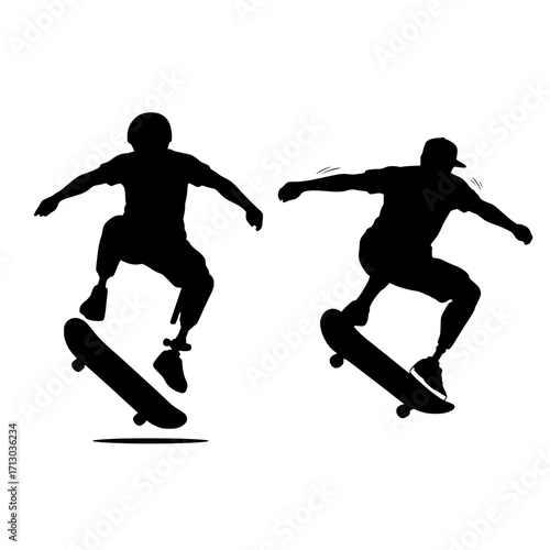 Dynamic skateboarders execute thrilling aerial tricks showcasing extreme sports energy and youthful rebellion