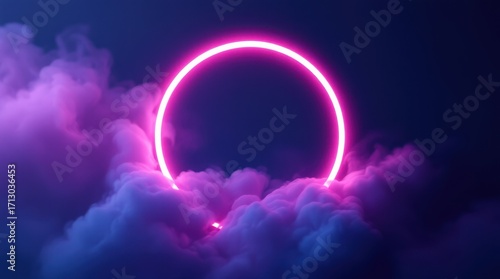 Vibrant neon circle surrounded by colorful clouds at night creating a surreal atmosphere