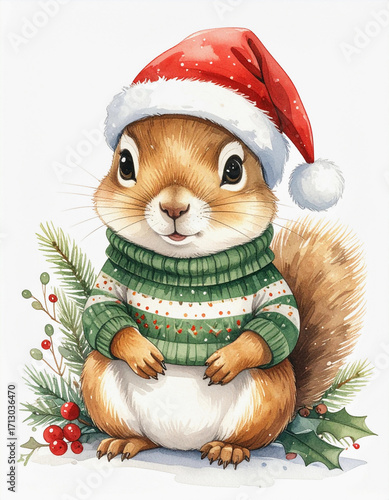 Cute squirrel in a christmas sweater and red santa hat surrounded by holly, ready for festive season fun in a watercolor illustration