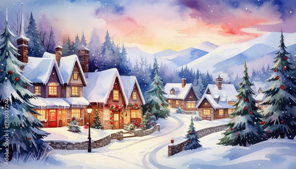 Naklejka premium Charming winter village with cozy homes adorned for Christmas under a colorful sunset sky