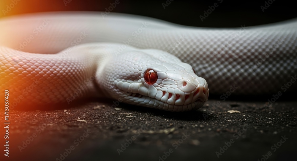Obraz premium closeup of white albino snake with striking red eyes. reptile lies on dark ground, its textured scales in sharp focus. exotic wildlife and rare beauty.