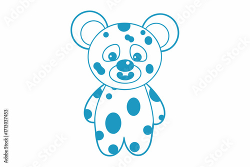 Cute cartoon bear with big eyes and spots stands smiling innocently