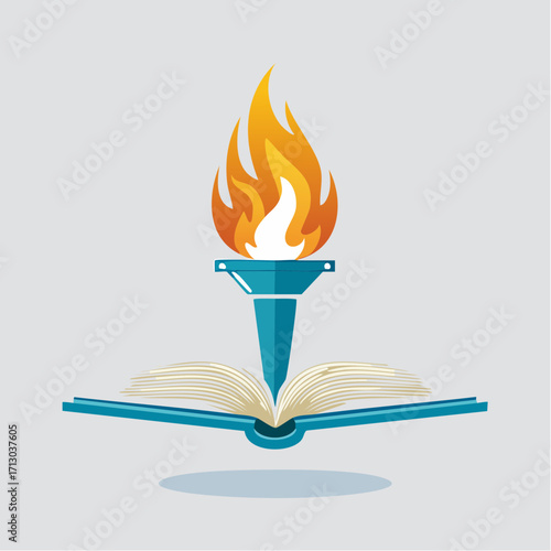 Visual representation of knowledge: Burning torch atop open book, educational concept